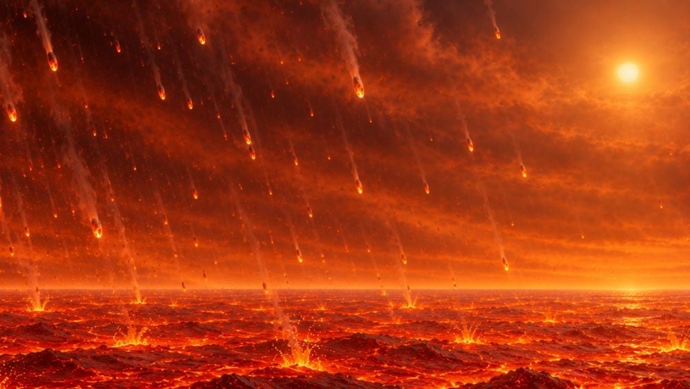 This illustration shows a rain of molten pebbles falling onto a molten Earth. New research and lab experiments show how iron