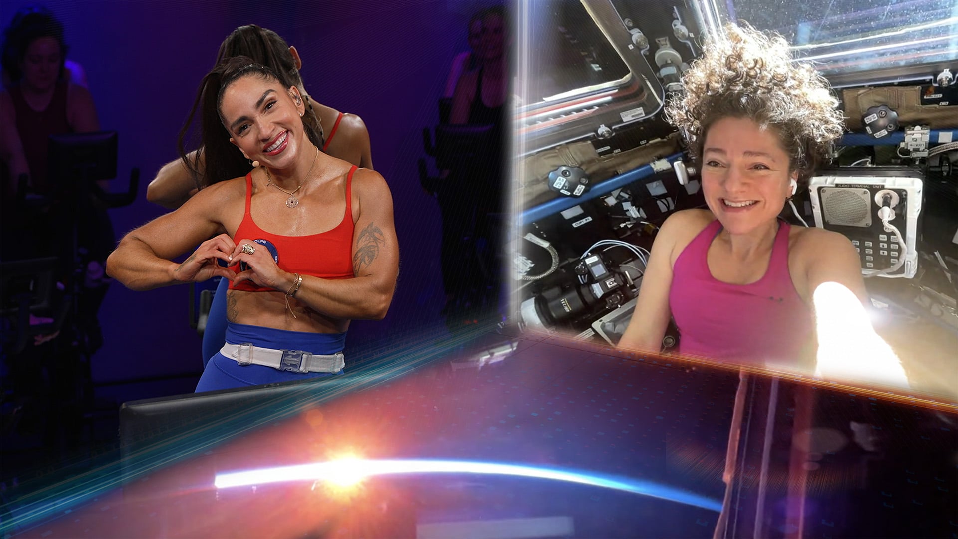 A graphic showing Peloton host Robin Arzón and astronaut Jessica Mier