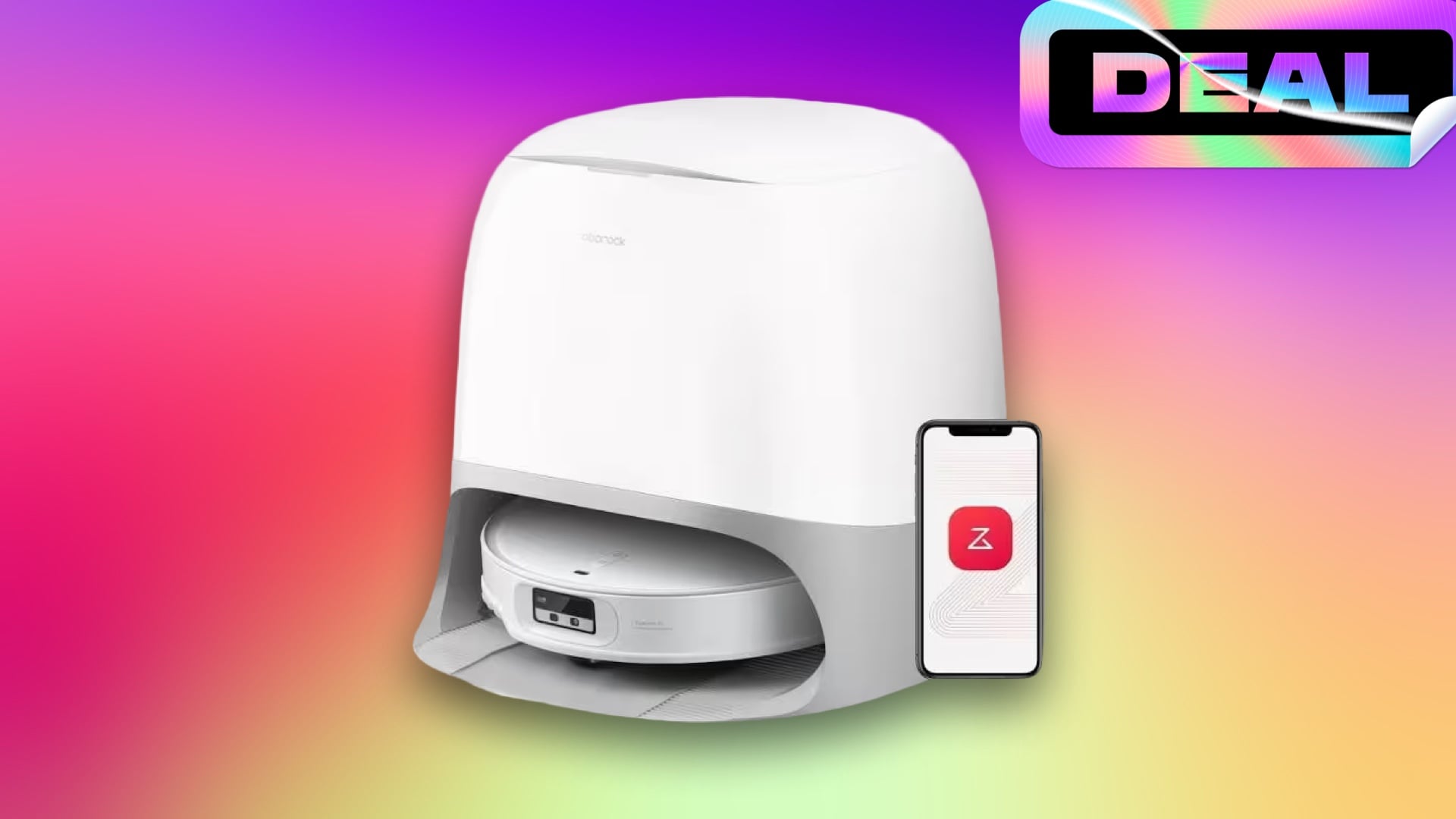 A white Roborock robot vacuum and deal sticker on a pink and yellow CNET background