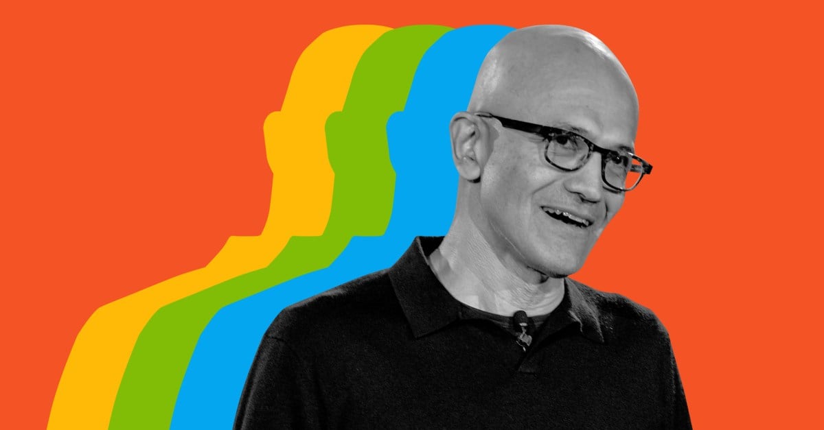 Satya Nadella on a graphic background of the red, blue, green, and yellow