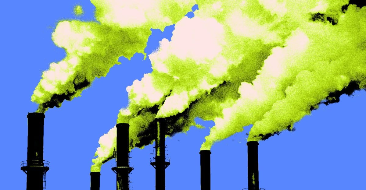 Photo illustration of industrial smokestacks
