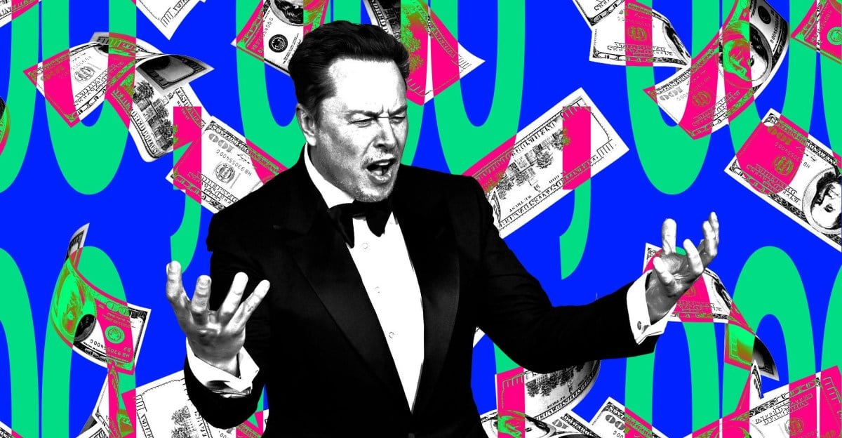 Elon Musk with zeros and money falling from the sky