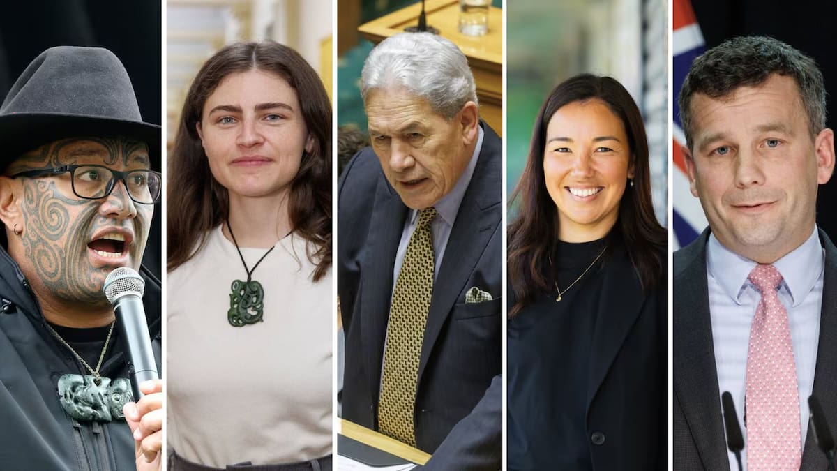 Te Pāti Māori's Rawiri Waititi, Greens' Chlöe Swarbrick, NZ First's Winston Peters, Opportunity Party's Qiulae Wong and
