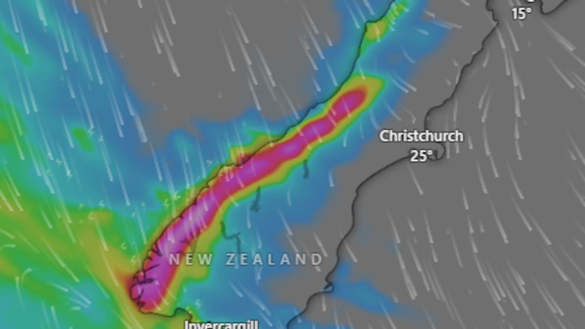 A cold front is forecast to sweep across the South Island on Monday, bringing heavy rain and strong winds. Image / Windy.com