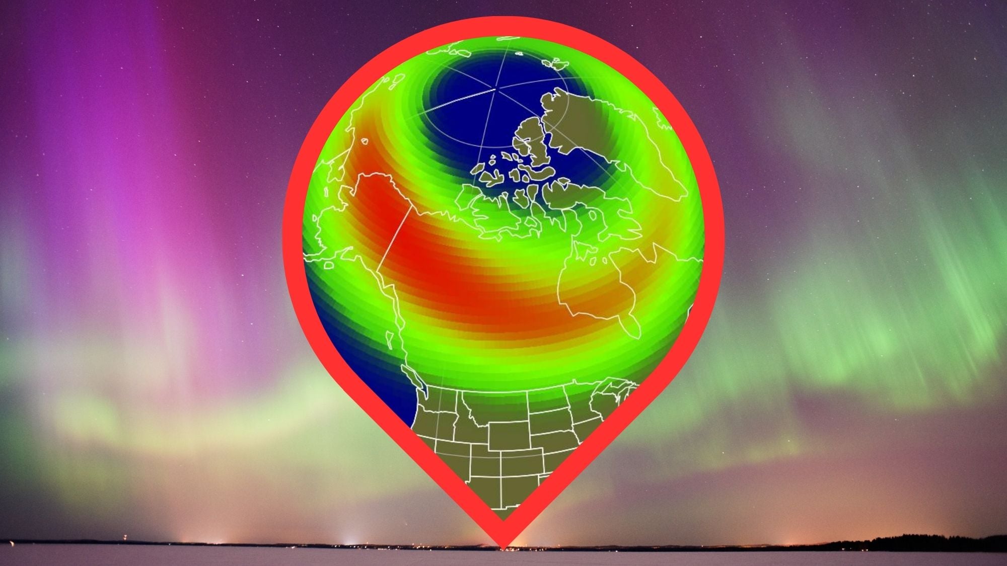 map showing the possible visibility of the northern lights over the US. in the background are vivid green and magenta