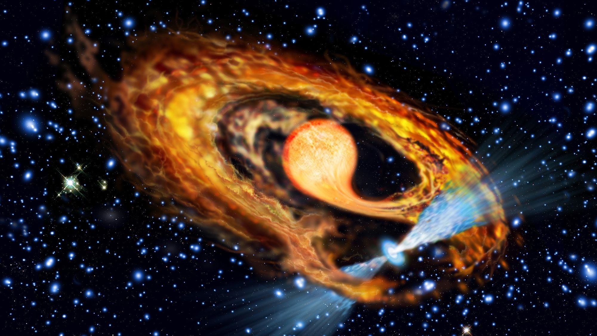 An illustration of a glowing ring of light next to a white star in space