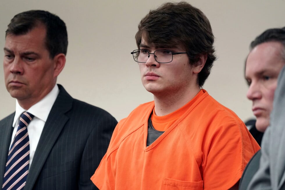 Payton Gendron, center, listens as he is sentenced, Feb 15, 2023, in Buffalo, N.Y. (Derek Gee/The Buffalo News via AP, Pool