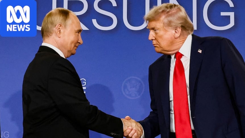 Donald Trump and Vladimir Putin shake hands in front of a blue backdrop