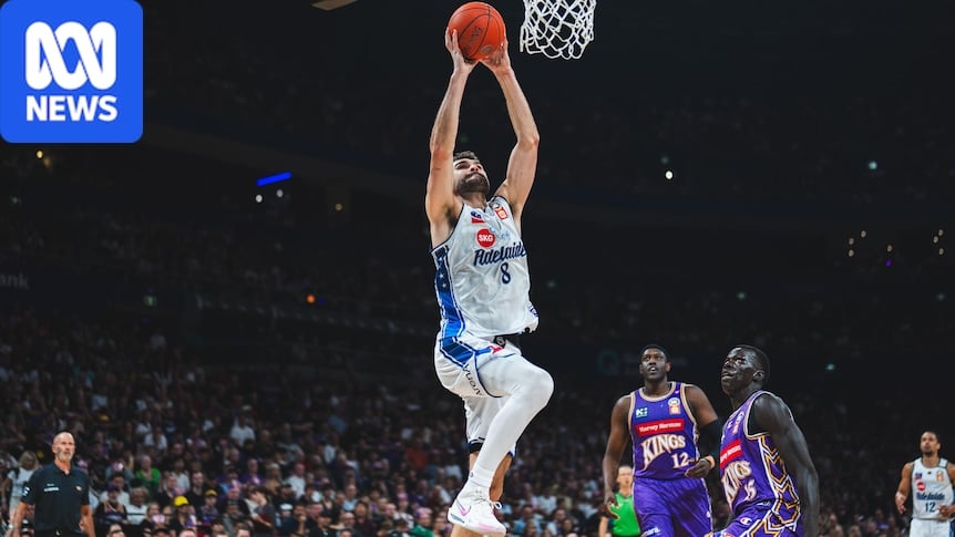 A tall man has dark hair and a beard, he jumps shooting a basketball into a hoop in a stadium filled with people