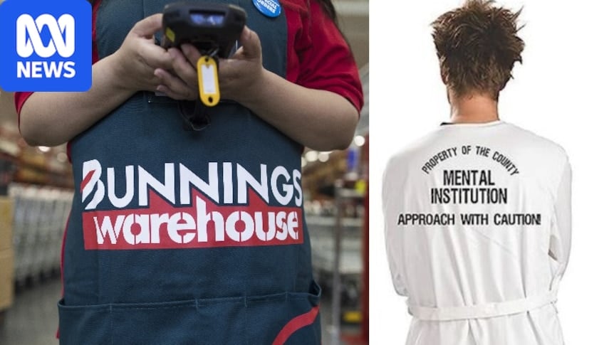 A composite image showing a Bunnings Warehouse staff apron on the left, and a costume straitjacket on the right