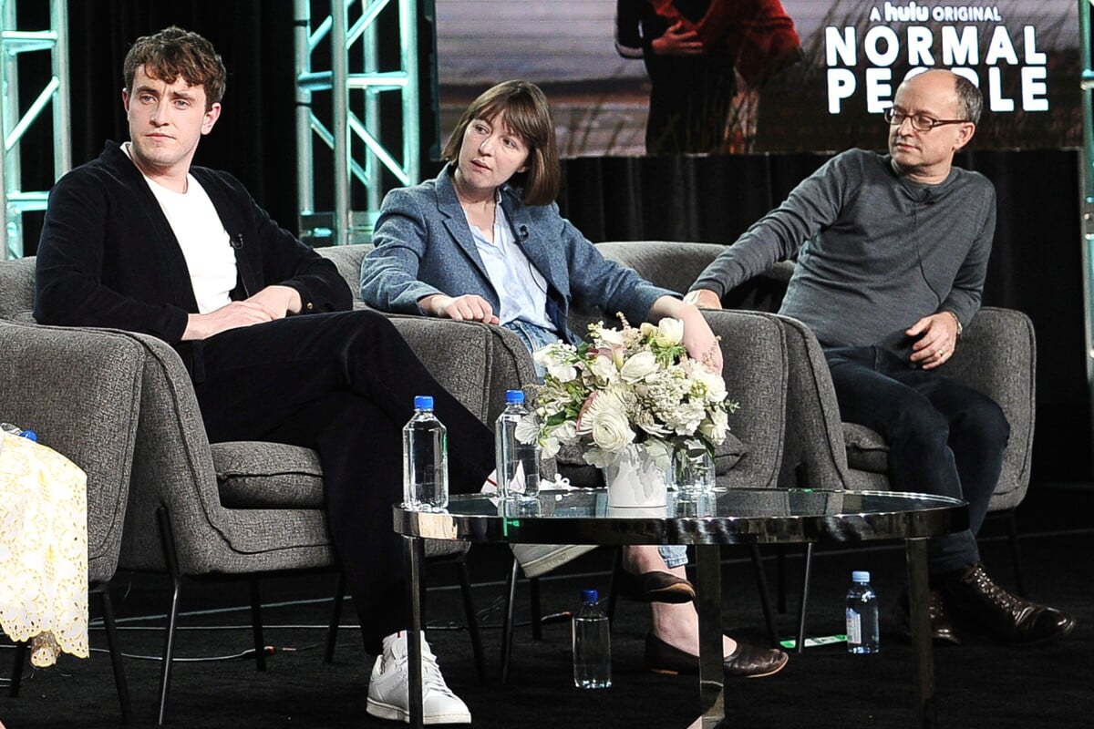 From left, Paul Mescal, Sally Rooney and Ed Guiney participate in Hulu's "Normal People" panel during the Winter 2020