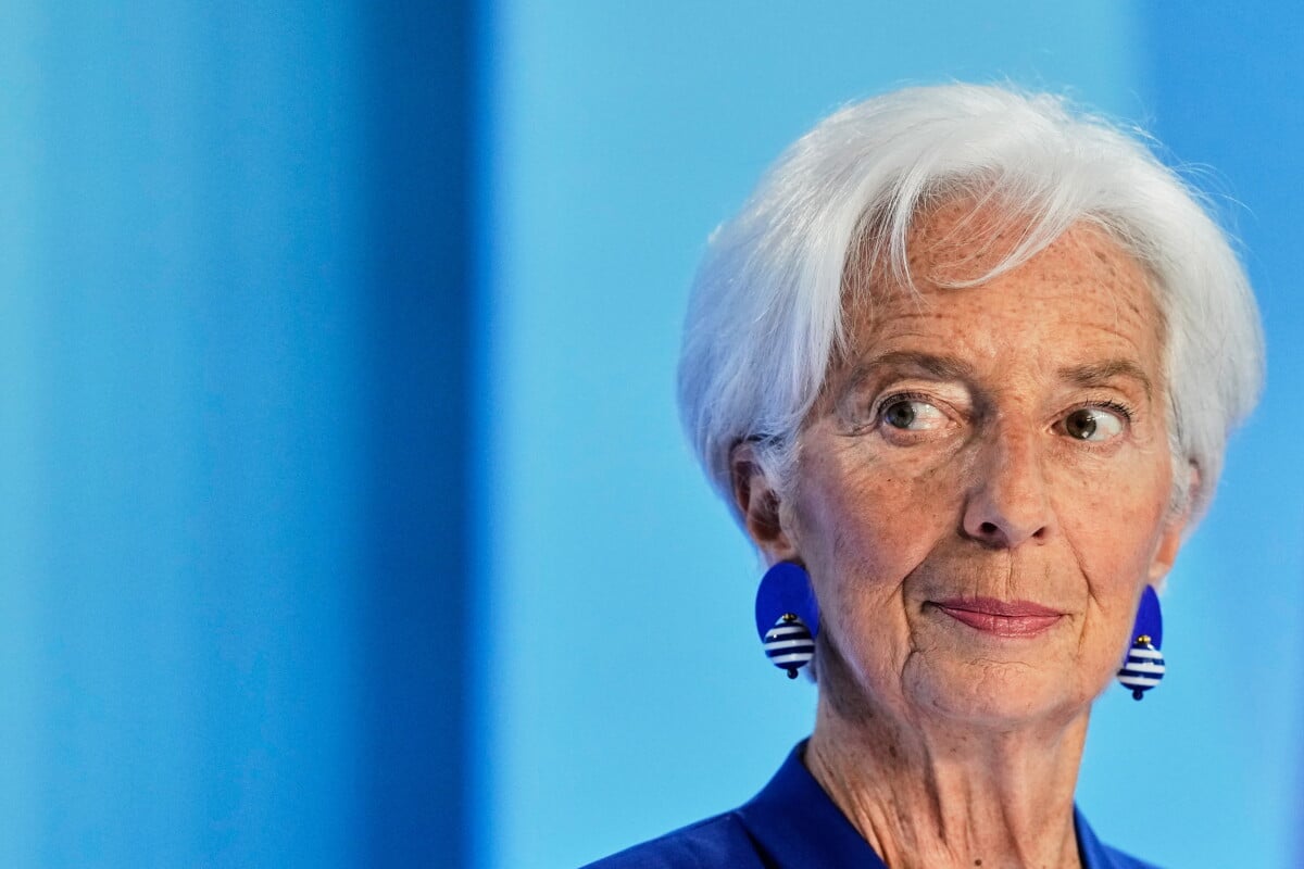 President of European Central Bank Christine Lagarde addresses the media during a press conference after an ECB's governing
