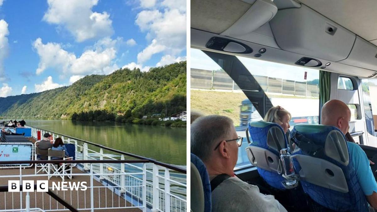 Composite image showing a river cruise on the left and people sitting on a coach on the right