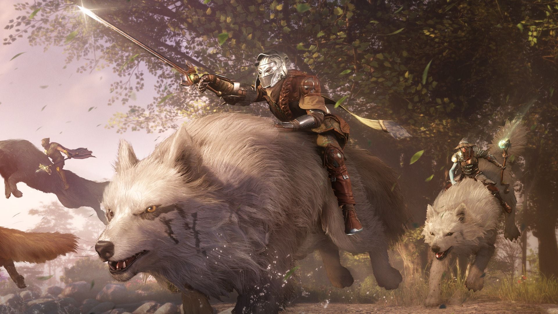Key art of the new Soulframe update featuring several characters riding large white wolves in a forest
