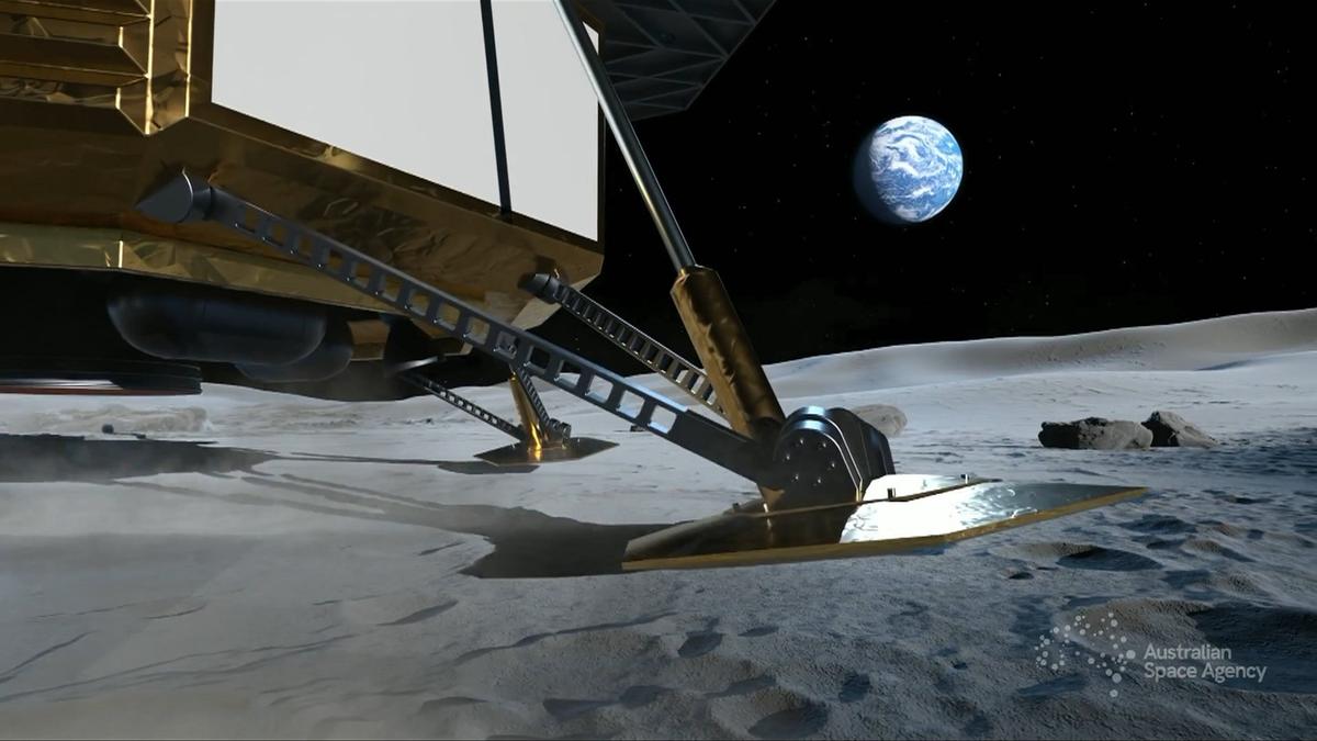 A concept image shows the lunar lander deploying Australia’s Roo-ver onto the Moon’s surface