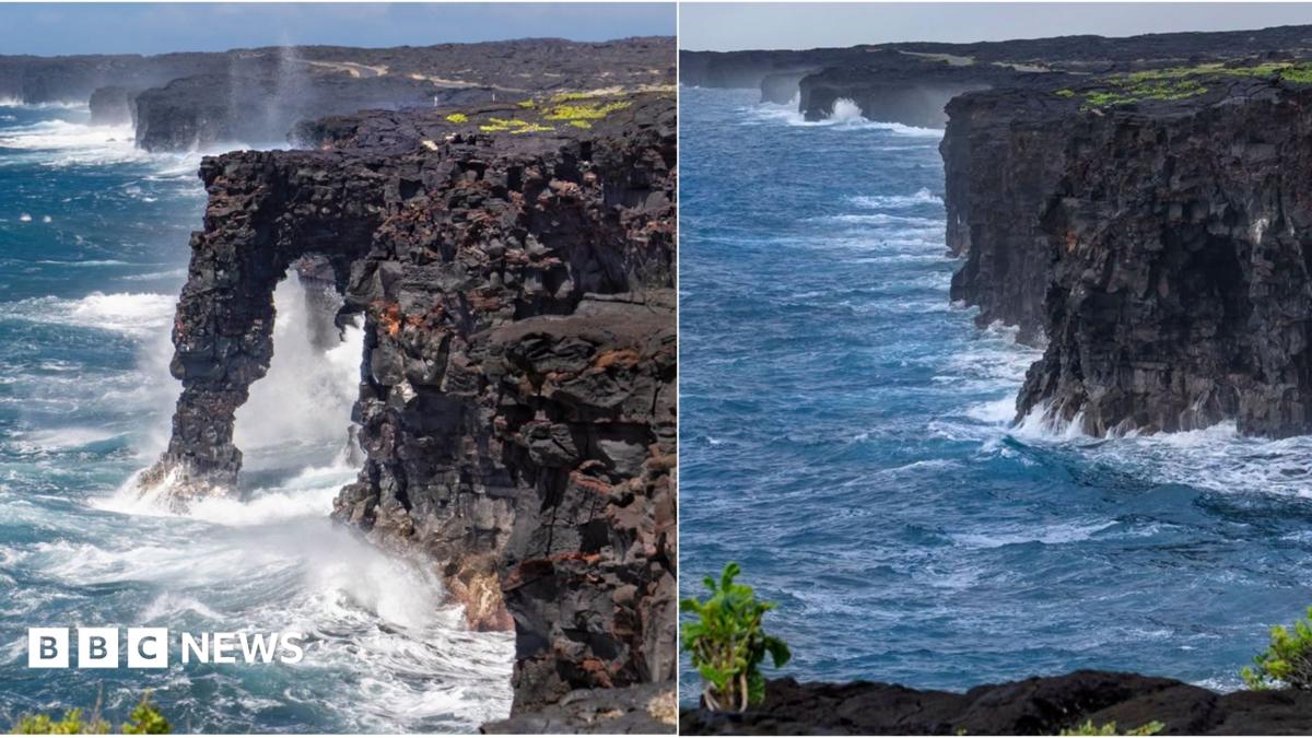 Side-by-side comparison of sea arch standing over the ocean, compared to a view of the rocky cliffs without the arch