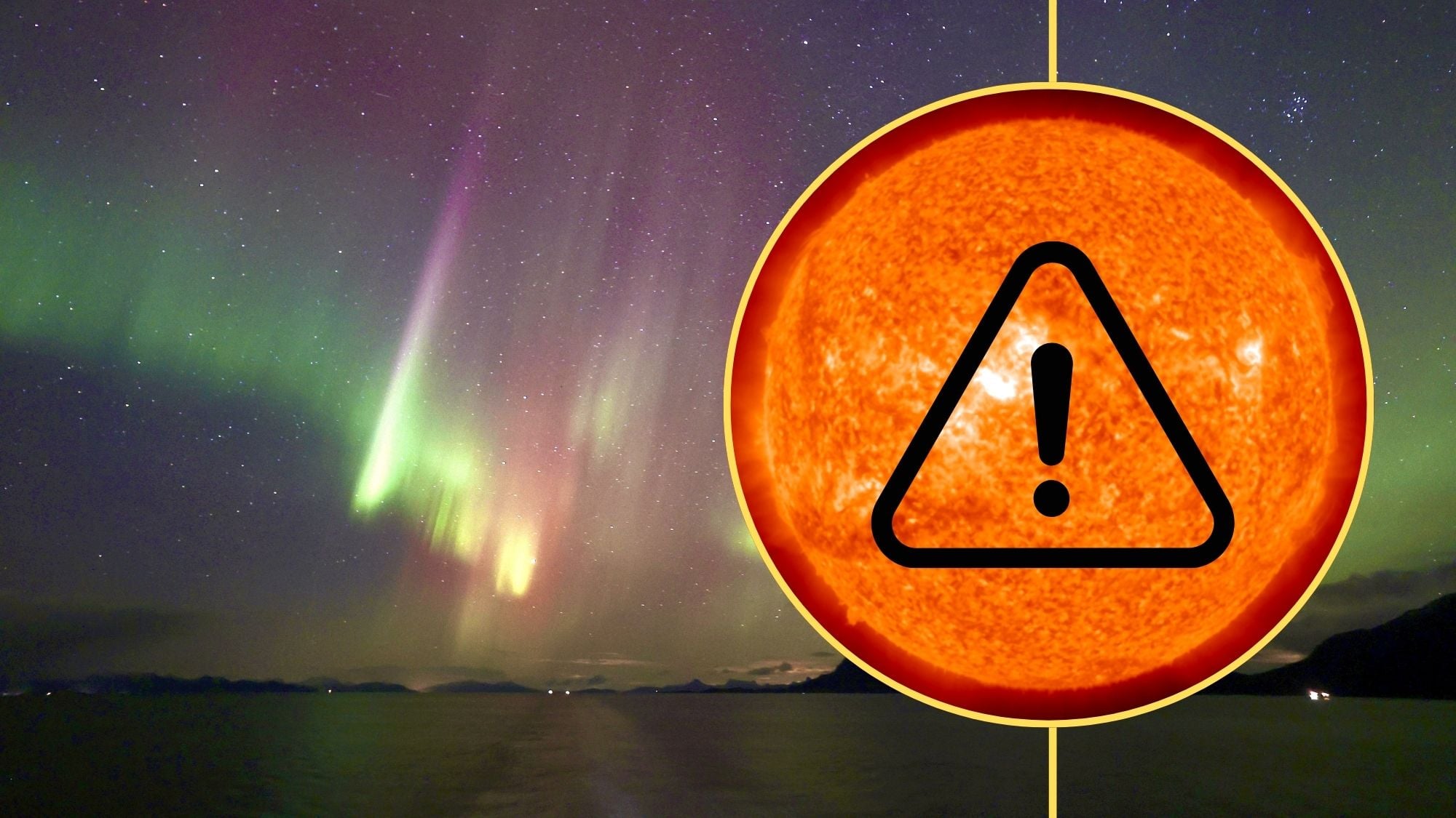 northern lights appear in the background, ribbons of green and magenta light, there is an inset image of the sun on the