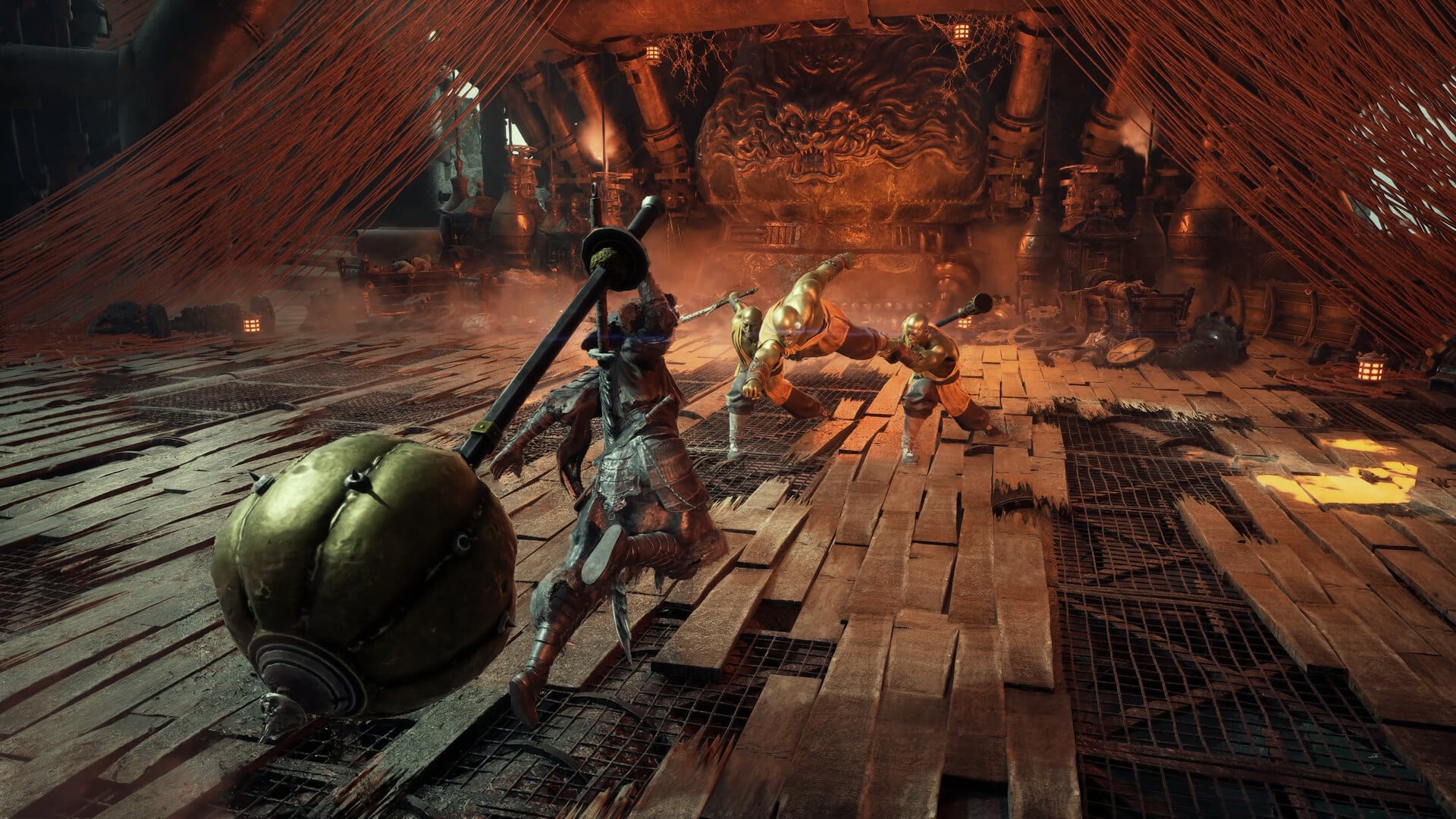 Phantom Blade Zero combat: a fighter with a huge mace takes on two golden monks