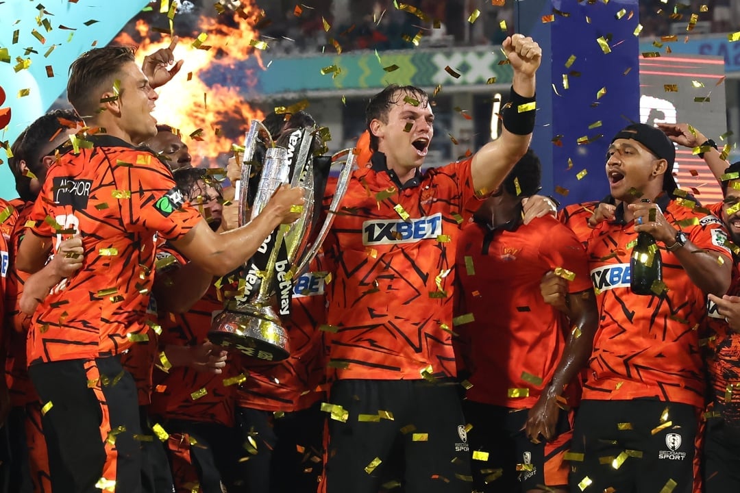 The Sunrisers Eastern Cape celebrate winning their third SA20 title in four years